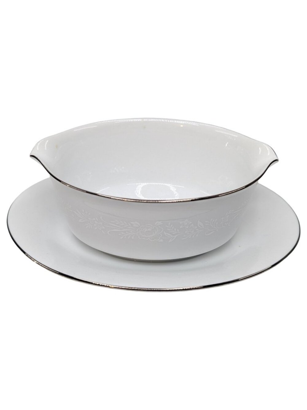Noritake Reina Gravy Boat 6450Q White Porcelain Floral Embossed Platinum Trim